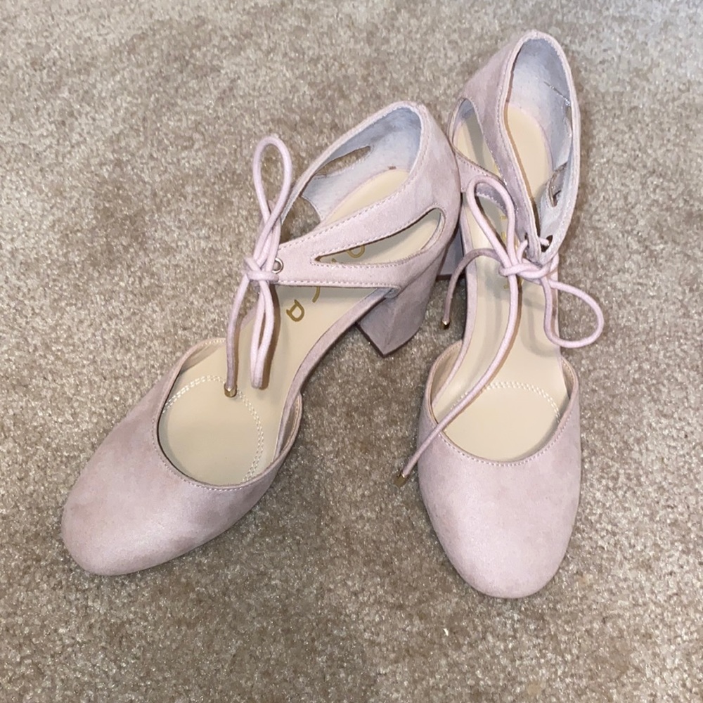 Blush pink faux suede heels